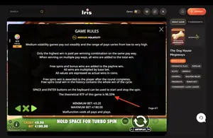 The Dog House Megaways RTP 96.55% at IRIS — game rules screen