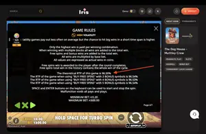 The Dog House Muttley Crew RTP 96.50% at IRIS — game rules screen