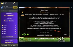 The Dog House Megaways RTP 94.55% at RocketPlay — game rules screen
