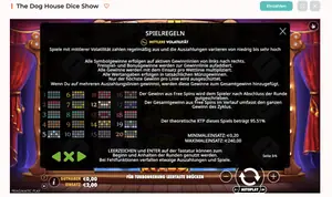 The Dog House Dice Show RTP 95.51% at Spininio — game rules screen